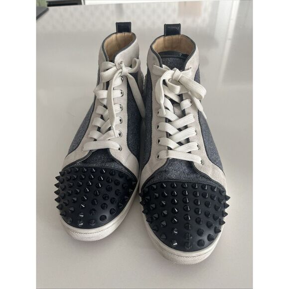 Christian Louboutin Denim Black Leather Black Stud‎ Spike Hi Top Sneakers 42 1/2